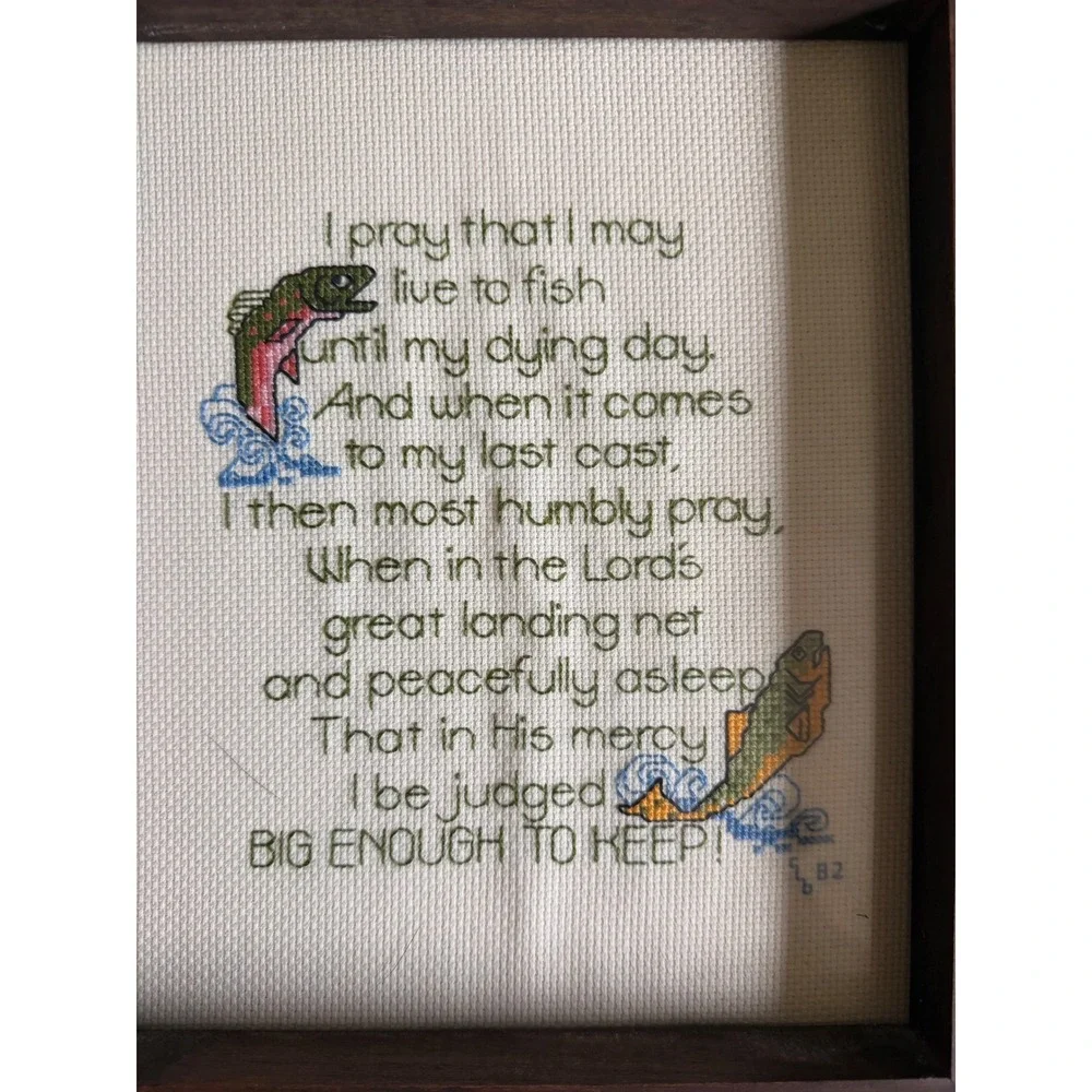 Vintage 1982 Fisherman's Prayer Cross Stitch Framed Art Trout Fishing Decor 8x10